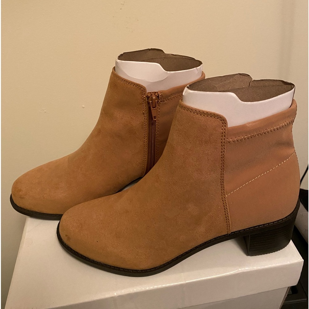 Ladies Beige suede size 7.5 Booties. NEW IN BOX